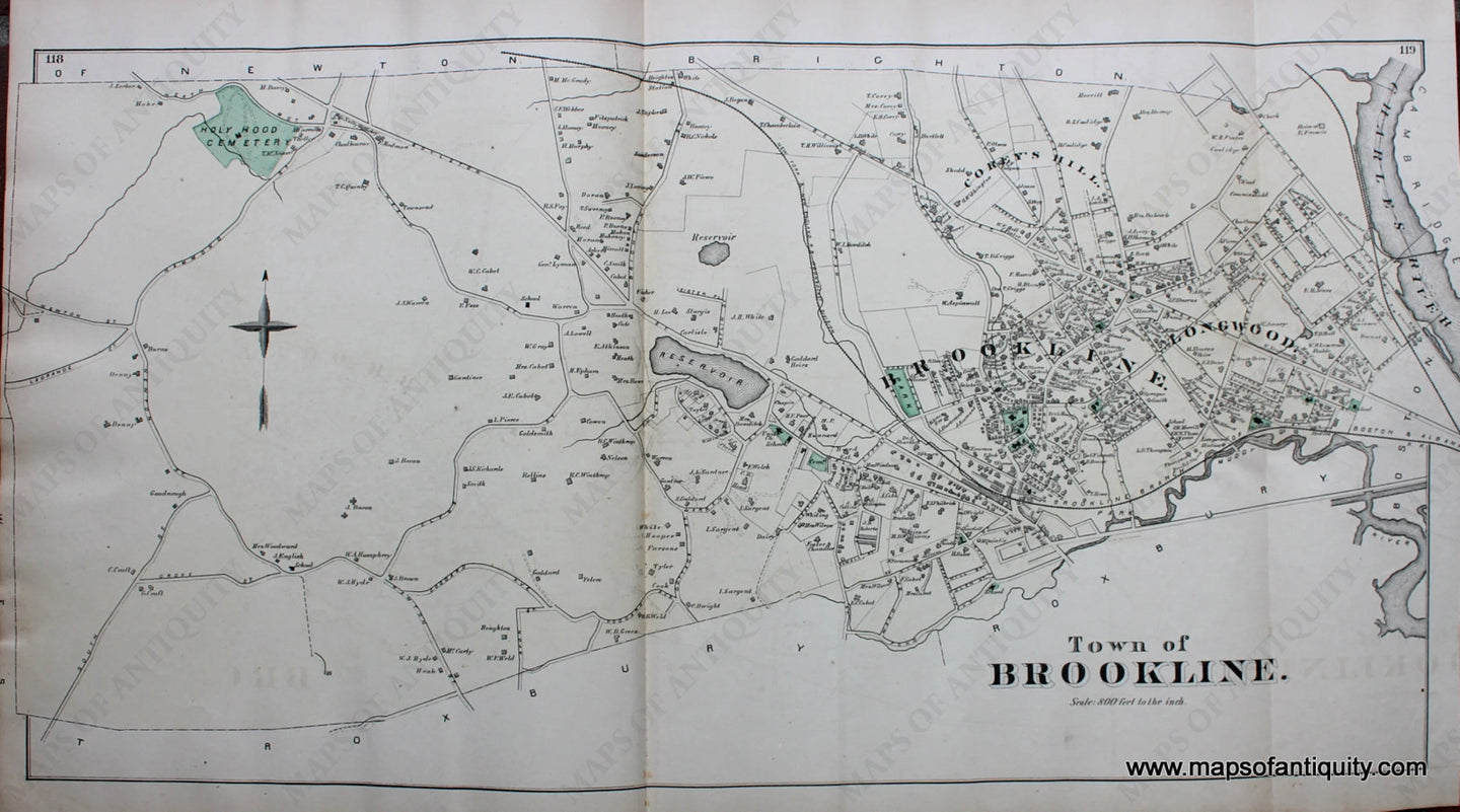 Antique-Hand-Colored-Map-Town-of-Brookline.-(MA)-Massachusetts-Norfolk-County-MA-1876-Comstock-&-Cline-Maps-Of-Antiquity