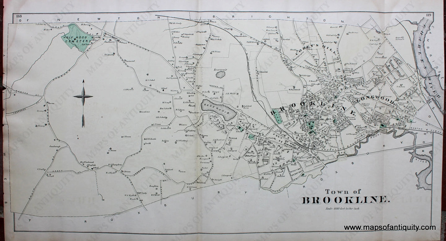 Antique-Hand-Colored-Map-Town-of-Brookline.-(MA)-Massachusetts-Norfolk-County-MA-1876-Comstock-&-Cline-Maps-Of-Antiquity