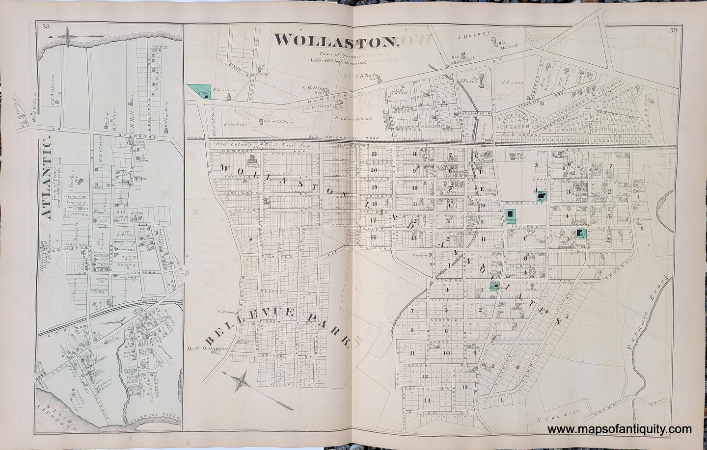 Antique-Hand-Colored-Map-Wollaston.-(MA)-Massachusetts-Norfolk-County-MA-1876-Comstock-&-Cline-Maps-Of-Antiquity