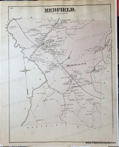Antique map of the town of Medfield in Massachusetts with a light pink wash of color. 