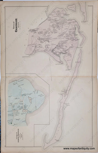 Antique map of the town of chatham, Massachusetts, with an inset map of north chatham. original hand-coloring in antique tones of pink for the town and blue for north chatham. 