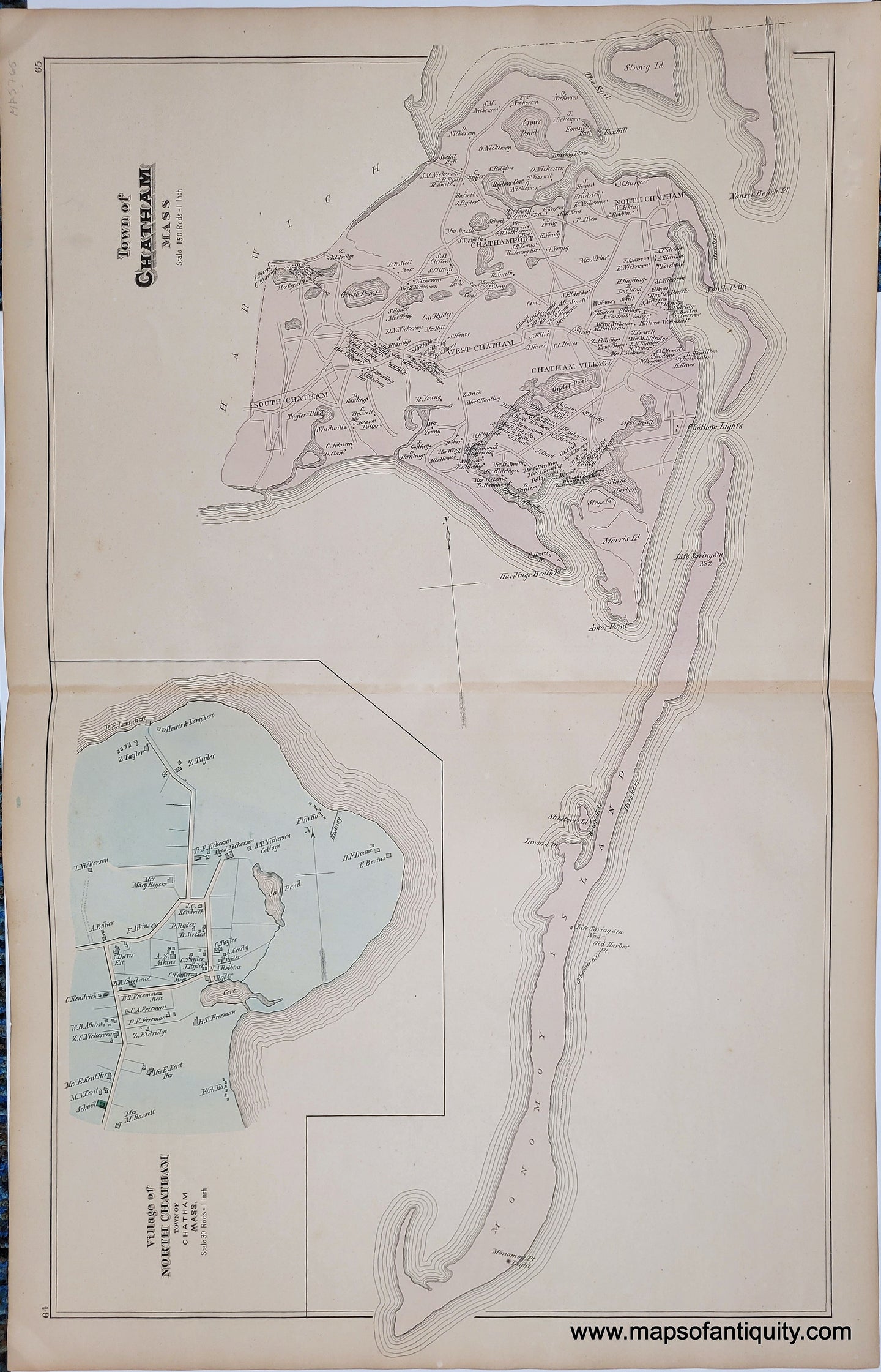 Antique map of the town of chatham, Massachusetts, with an inset map of north chatham. original hand-coloring in antique tones of pink for the town and blue for north chatham. 