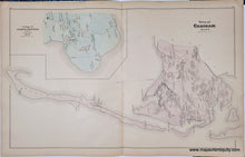 Load image into Gallery viewer, Antique map of the town of chatham, Massachusetts, with an inset map of north chatham. original hand-coloring in antique tones of pink for the town and blue for north chatham. On this map the property owners names are labeled, however the map is made with north to the right. The title of the map looks sideways when turned north up.
