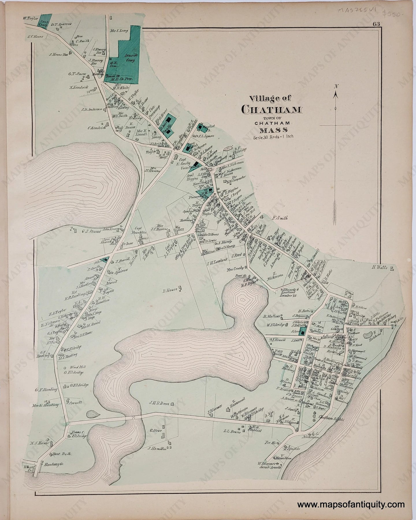 1880 - Village Of Chatham P. 63 (Ma) Antique Map Genuine Hand-Colored