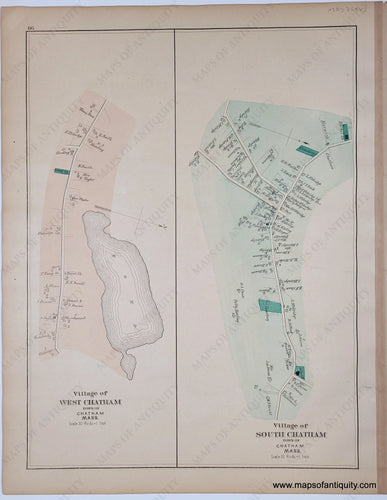 page with two maps of villages in chatham, mass. on the left is west chatham in antique tones of peach and green for the parks/cemeteries. on right is a map of south chathamm in green