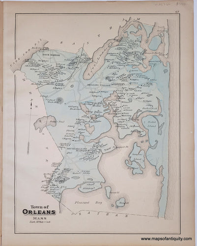 Antique map of Orleans, Mass on Cape Cod. Original hand-coloring in an antique blue tone.