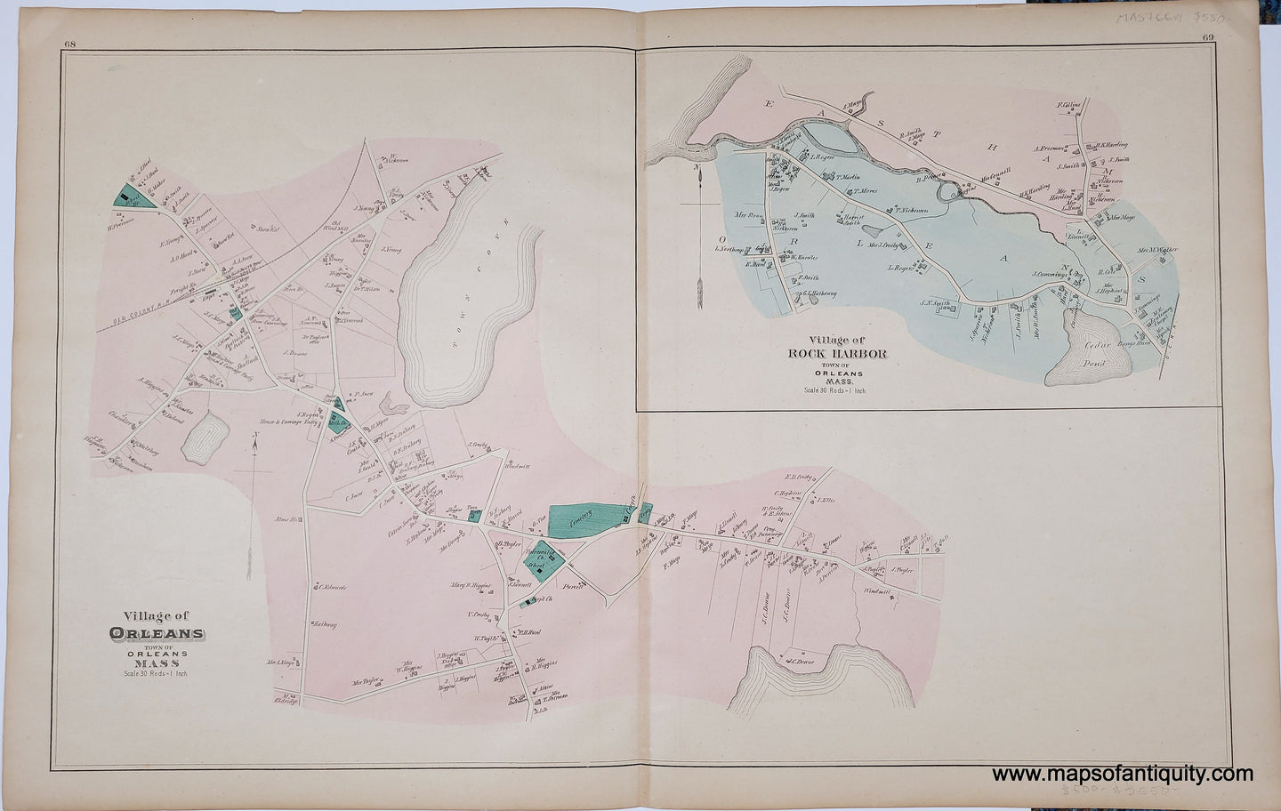 1880 - Village of Orleans, Village of Rock Harbor pp. 68-69 (MA) - Antique Map