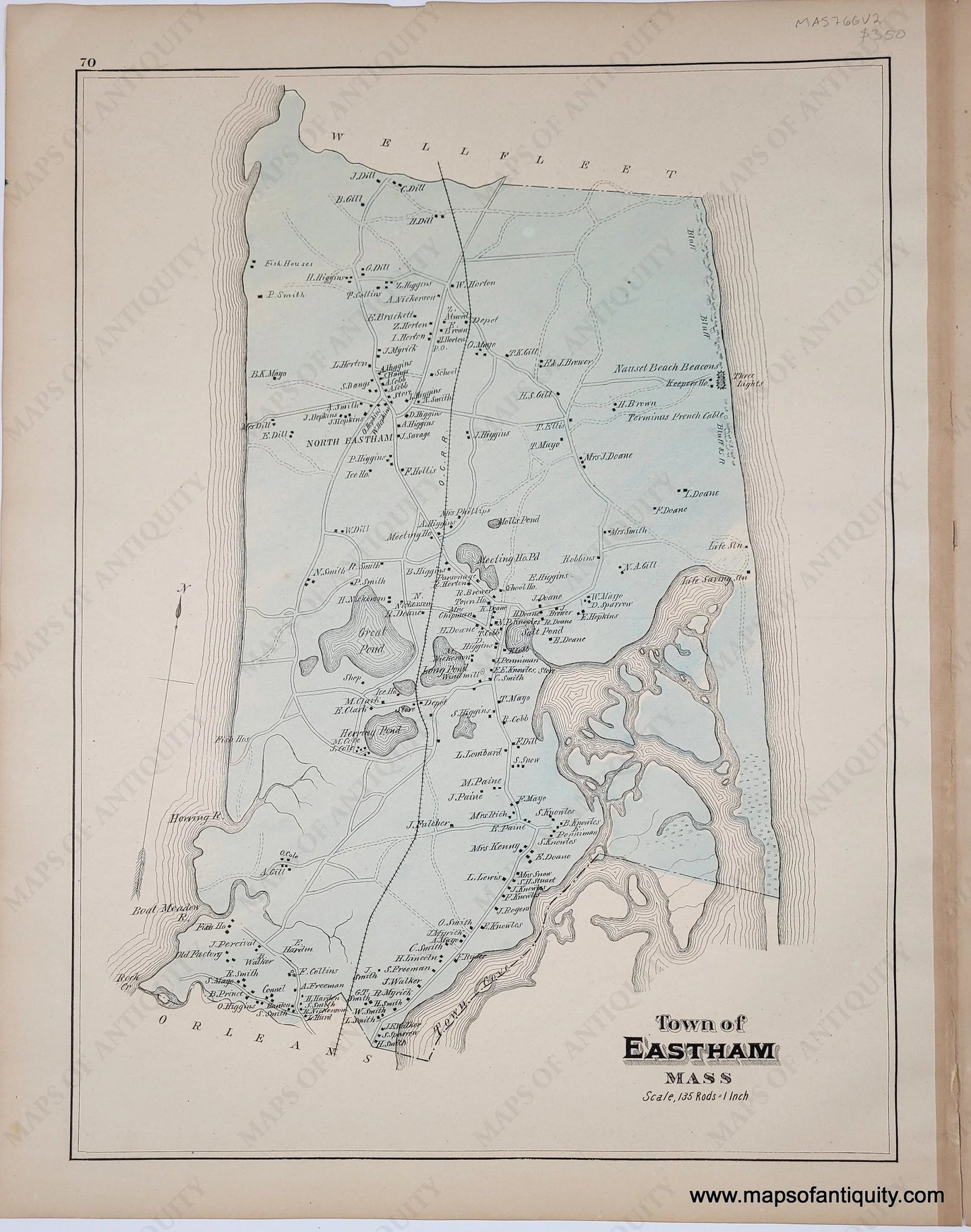 Antique map of Eastham, Cape Cod, Massachusetts wiuth original hand-coloring in an antique blue tone