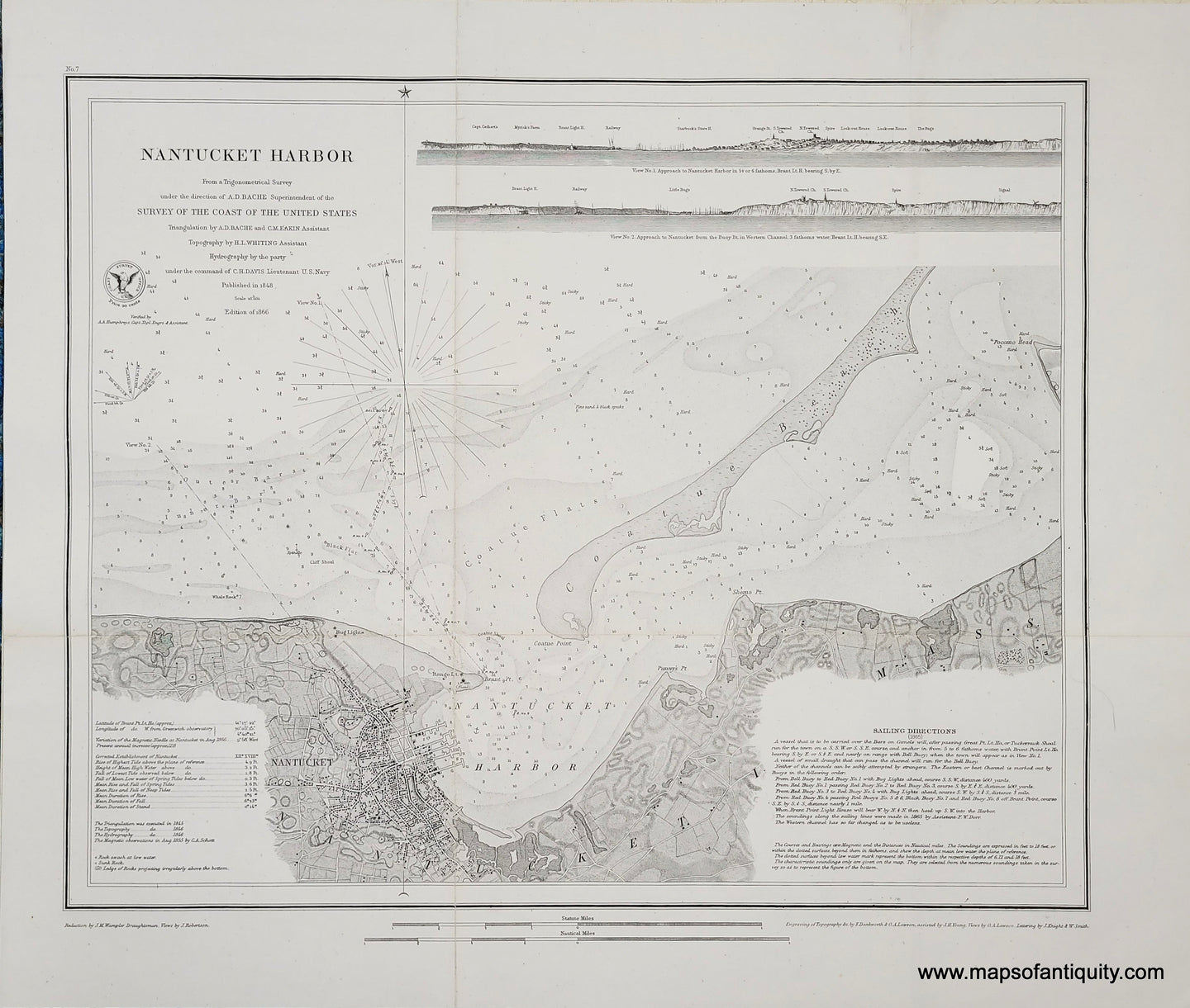 Black and white antique coastal chart of Nantucket Harbor. Includes Nantucket Village