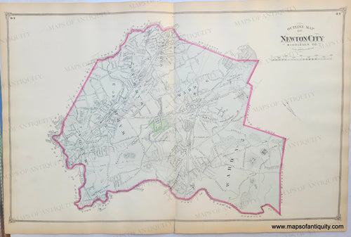 Original hand-coloring in tones of pink, blue, and green. Antique-Hand-Colored-Map-Newton-Massachusetts-Middlesex--1875-Beers-Maps-Of-Antiquity