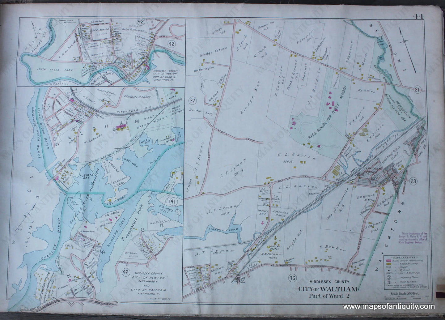 Antique-Hand-Colored-Map-City-of-Waltham-Part-of-Ward-2-(MA)-US-Massachusetts-Waltham-1900-Walker-Maps-Of-Antiquity