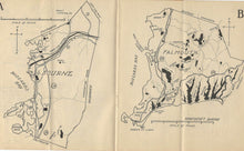 Load image into Gallery viewer, two page spread of the sportsman's maps booklet showing the maps of Bourne and Falmouth in black and white where the ponds and lakes are shown in black.
