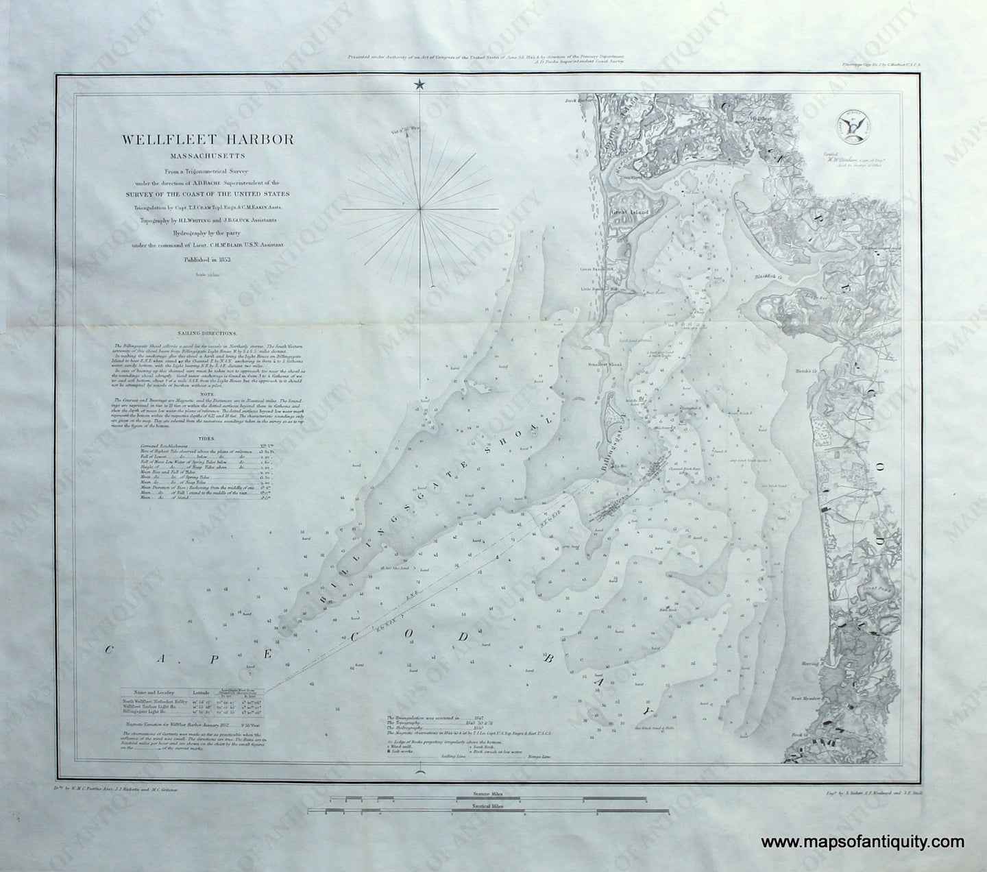 Antique-Black-and-White-Coastal-Chart-Wellfleet-Harbor-Massachusetts**********-Massachusetts--1853-U.S.-Coast-Survey-Maps-Of-Antiquity