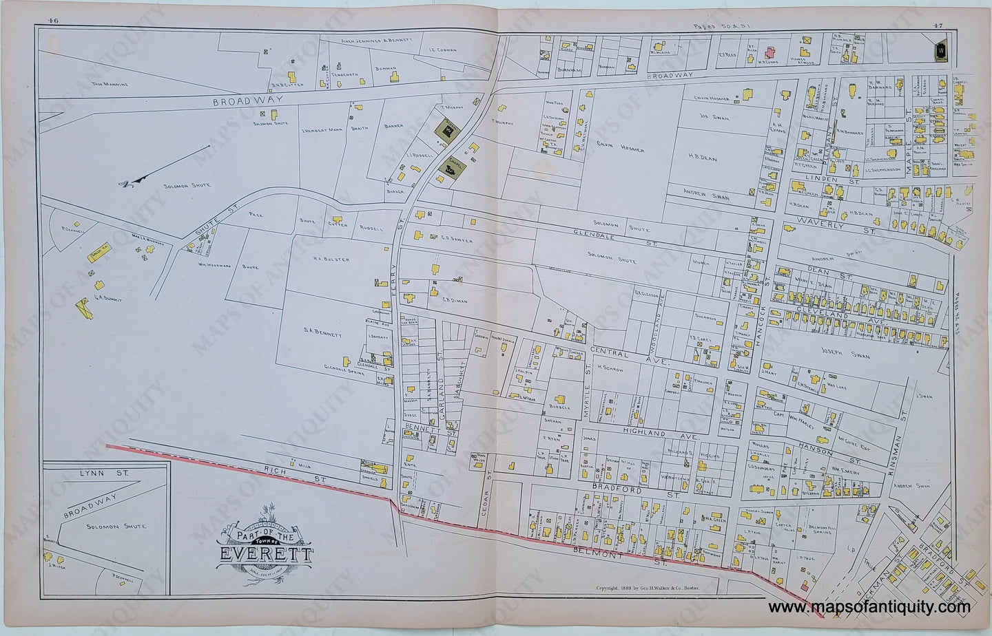 Antique-Map-Everett-(MA)-Massachusetts--1889-Walker-Maps-Of-Antiquity