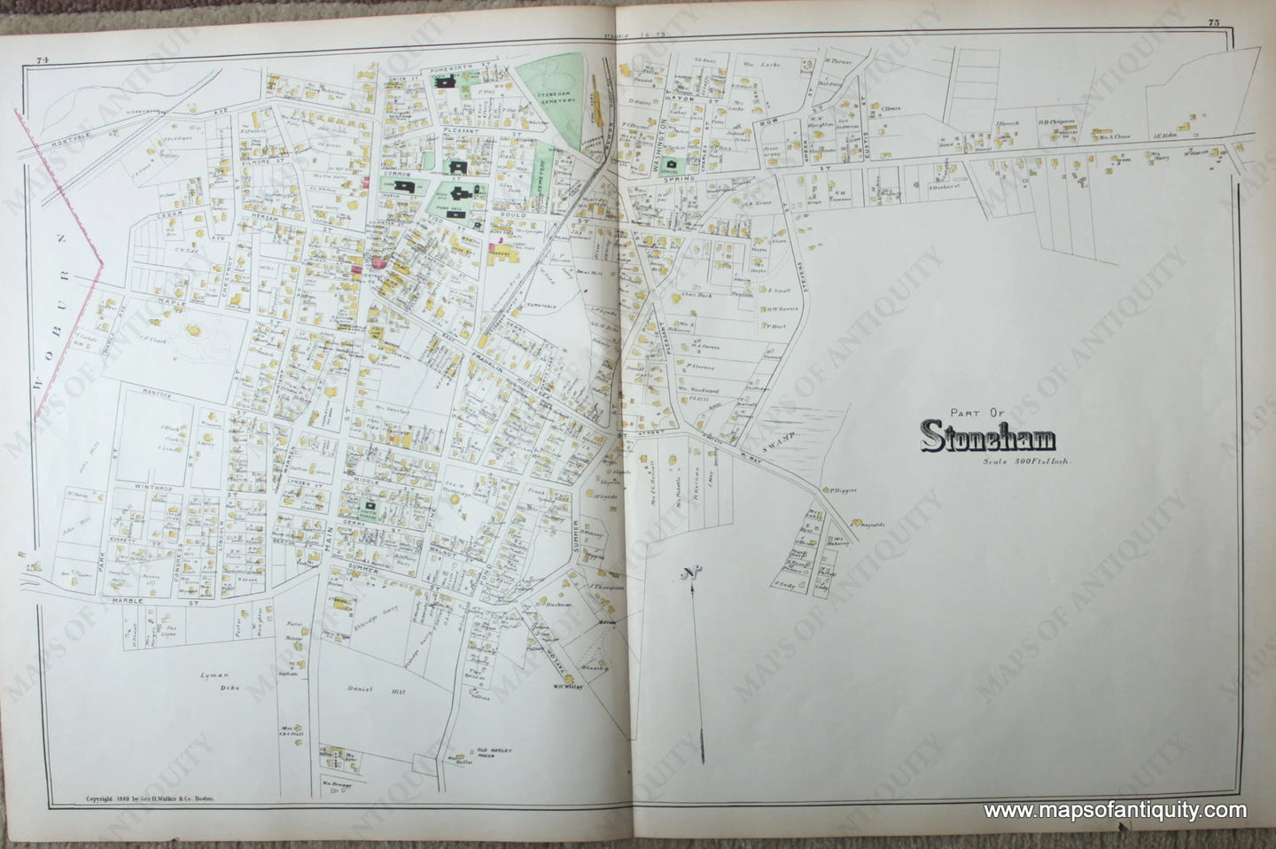 Antique-Map-Part-of-Stoneham-(MA)-Massachusetts--1889-Walker-Maps-Of-Antiquity