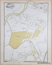 Load image into Gallery viewer, Antique map with original colors of yellow, pink, and green. shows streets and buildings. part of Arlington.
