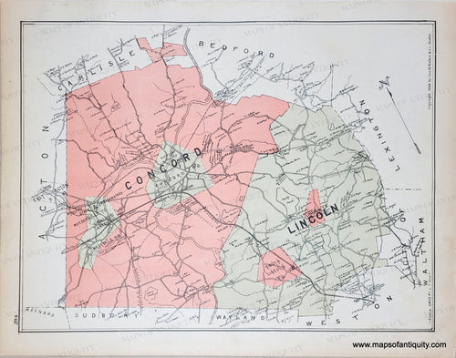 Antique map with original colors of red/pink, and green. 