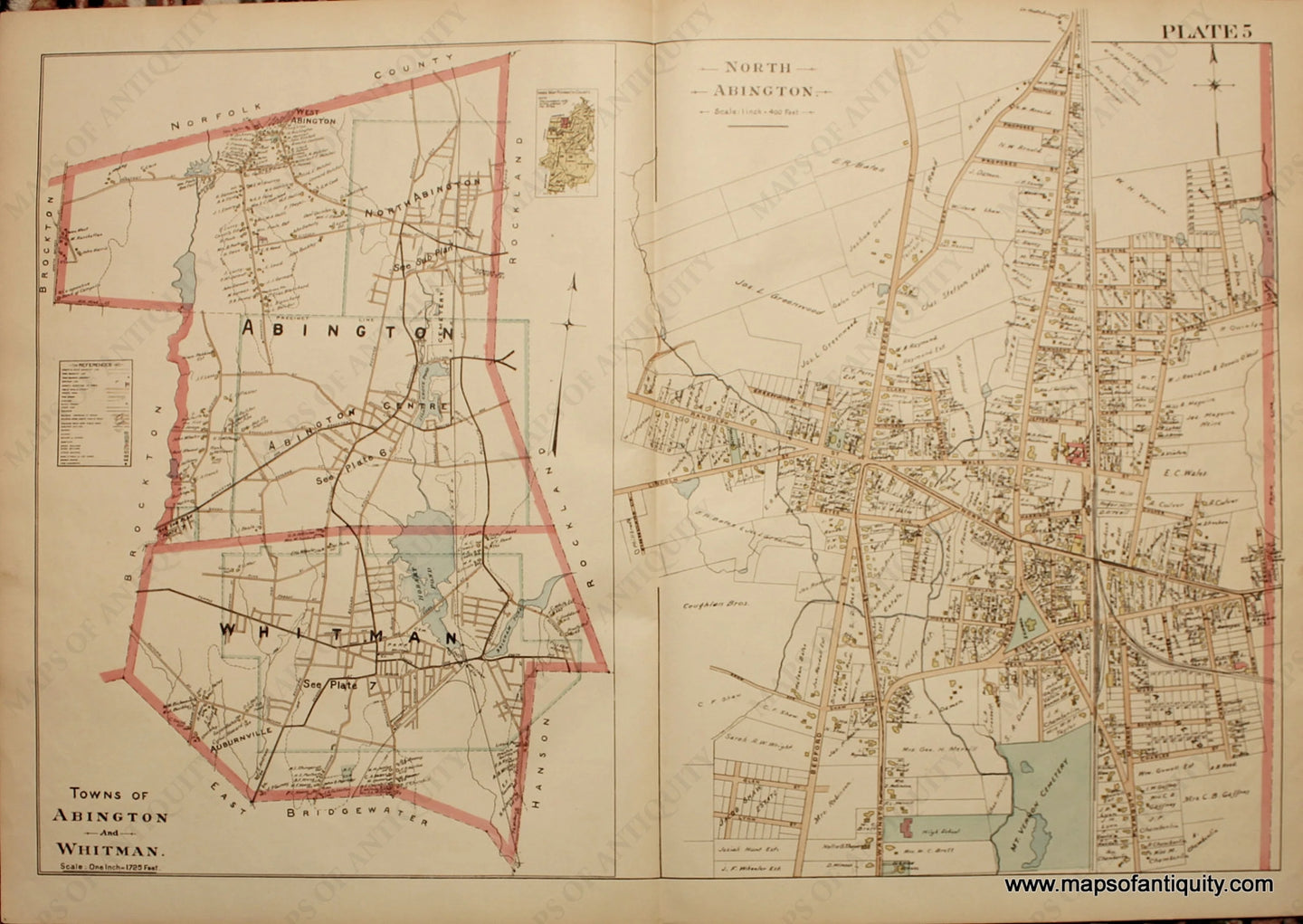 Antique-Hand-Colored-Map-Towns-of-Abington-and-Whitman-North-Abington-(MA)-Massachusetts--1903-Richards-Maps-Of-Antiquity