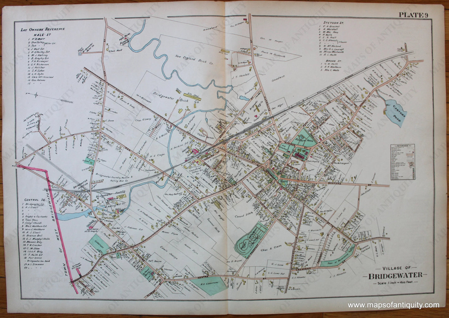 Antique-Hand-Colored-Map-Village-of-Bridgewater-(MA)-**********-Massachusetts--1903-Richards-Maps-Of-Antiquity