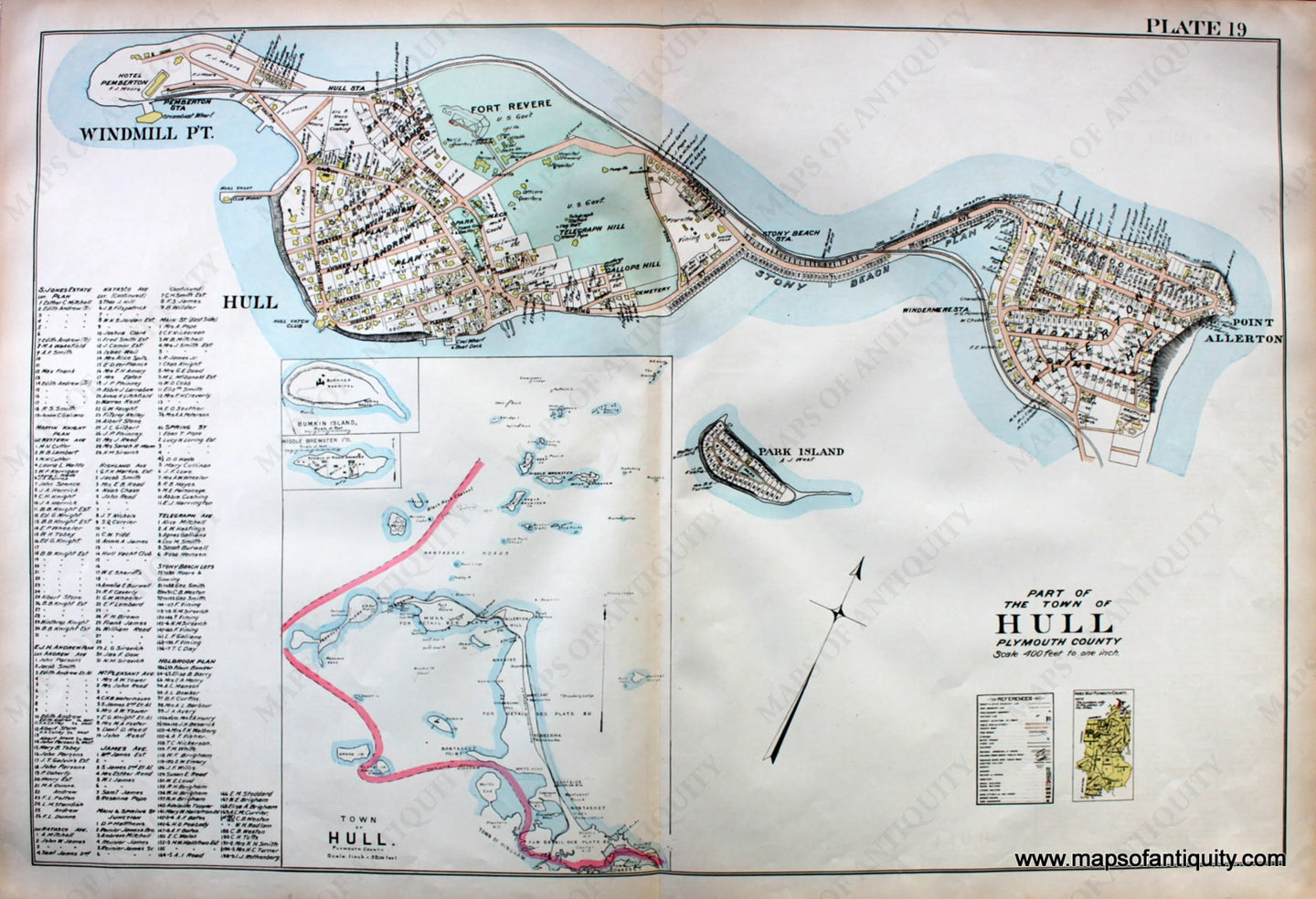 Antique-Hand-Colored-Map-Part-of-the-Town-of-Hull-(MA)-Massachusetts--1903-Richards-Maps-Of-Antiquity