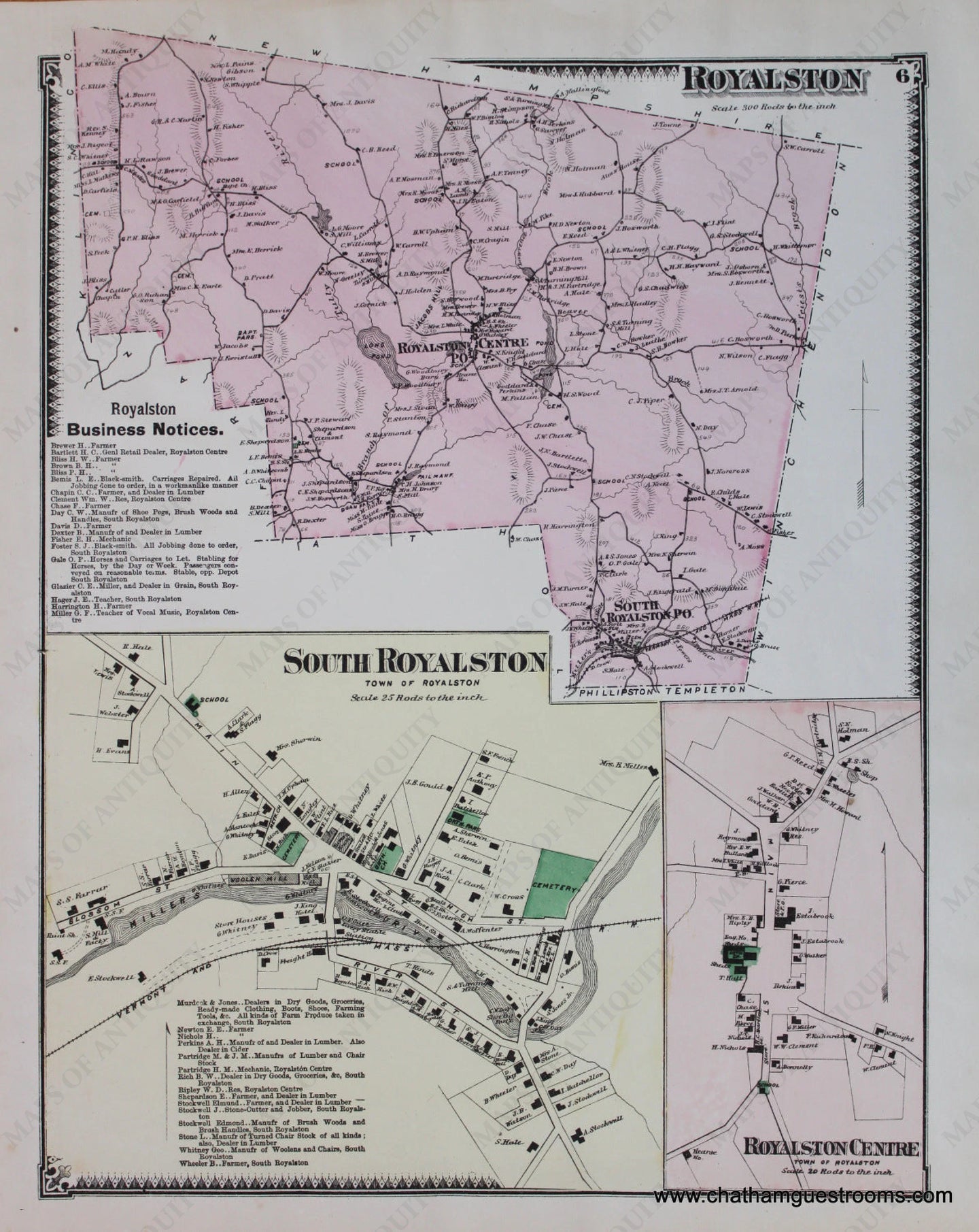 Antique-Hand-Colored-Map-Royalston-South-Royalston-p.-6-(MA)-Massachusetts-Worcester-County-1870-Beers-Maps-Of-Antiquity