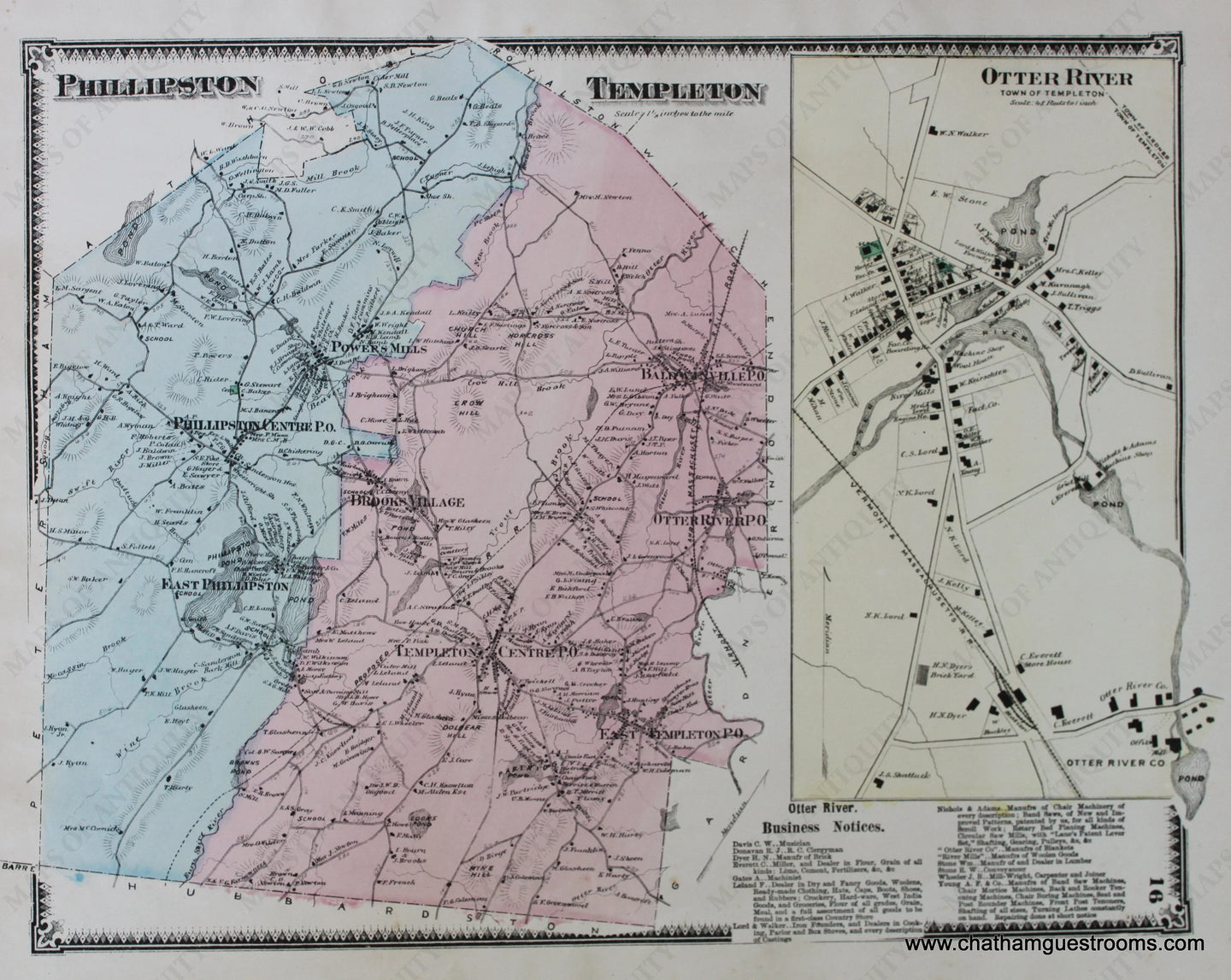 Antique-Hand-Colored-Map-Phillipston-Templeton-Otter-River-p.-16-(MA)-Massachusetts-Worcester-County-1870-Beers-Maps-Of-Antiquity