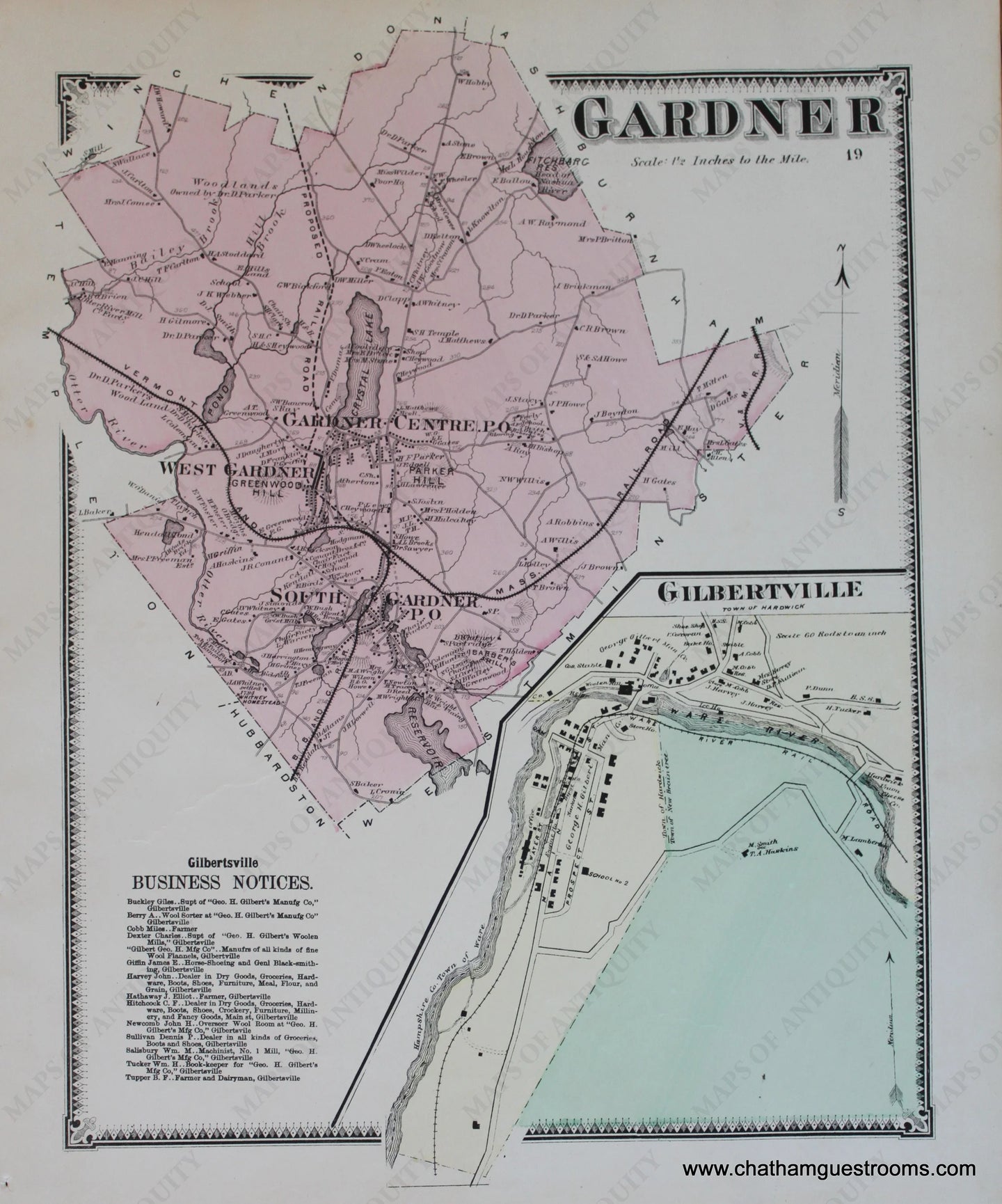 Antique-Hand-Colored-Map-Gardener-Gilbertville-p.-19-(MA)-Massachusetts-Worcester-County-1870-Beers-Maps-Of-Antiquity