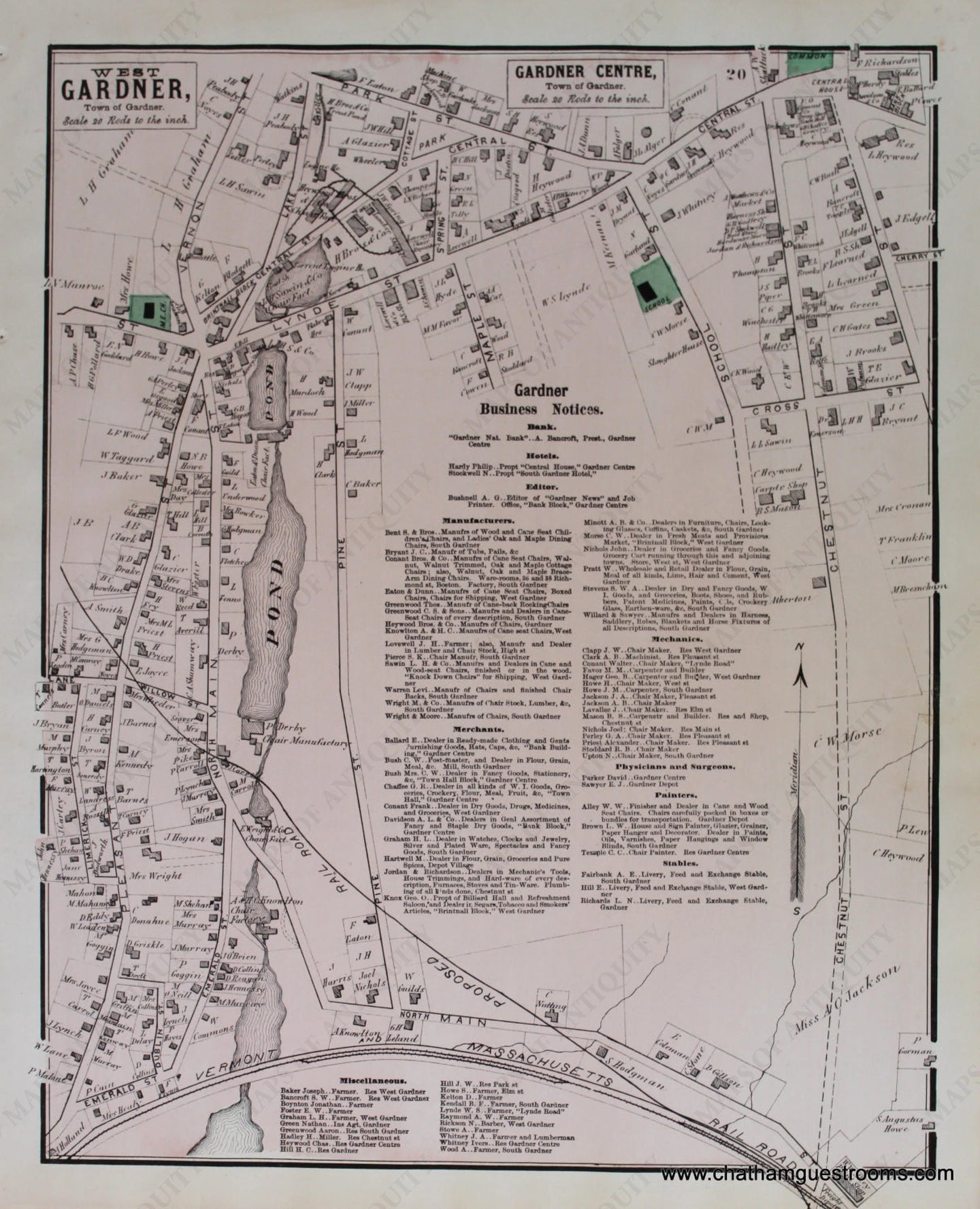 Antique-Hand-Colored-Map-West-Gardner-Gardner-Centre-p.-20-(MA)-Massachusetts-Worcester-County-1870-Beers-Maps-Of-Antiquity