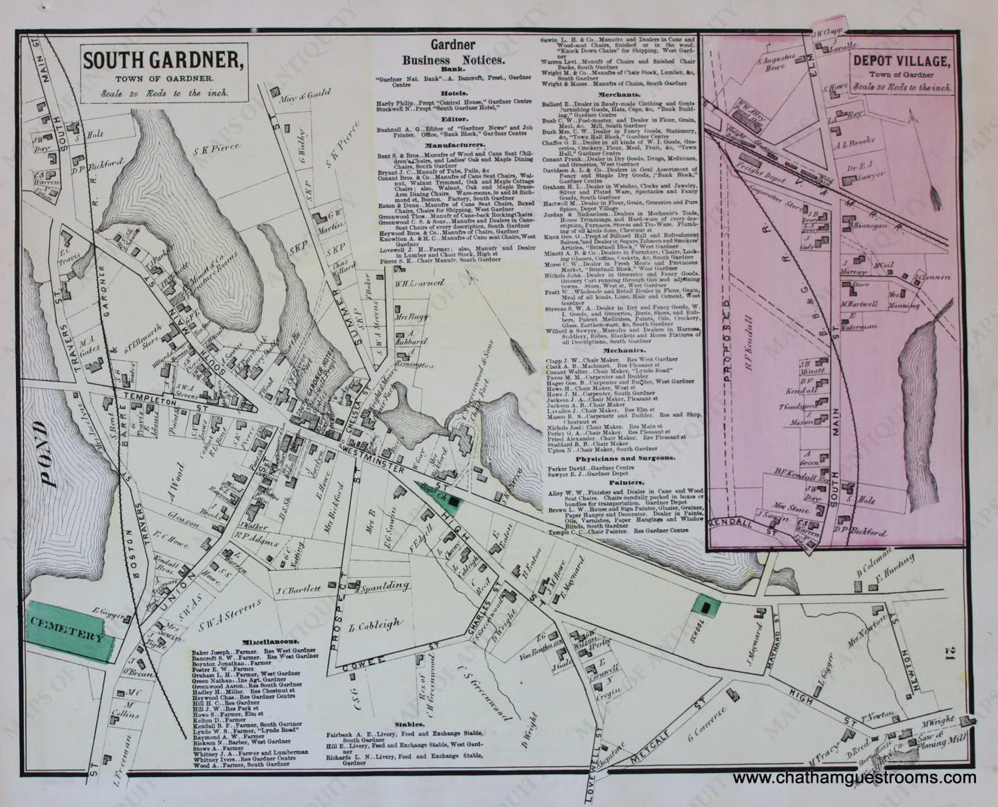 Antique-Hand-Colored-Map-South-Gardner-Depot-Village-p.-21-(MA)-Massachusetts-Worcester-County-1870-Beers-Maps-Of-Antiquity