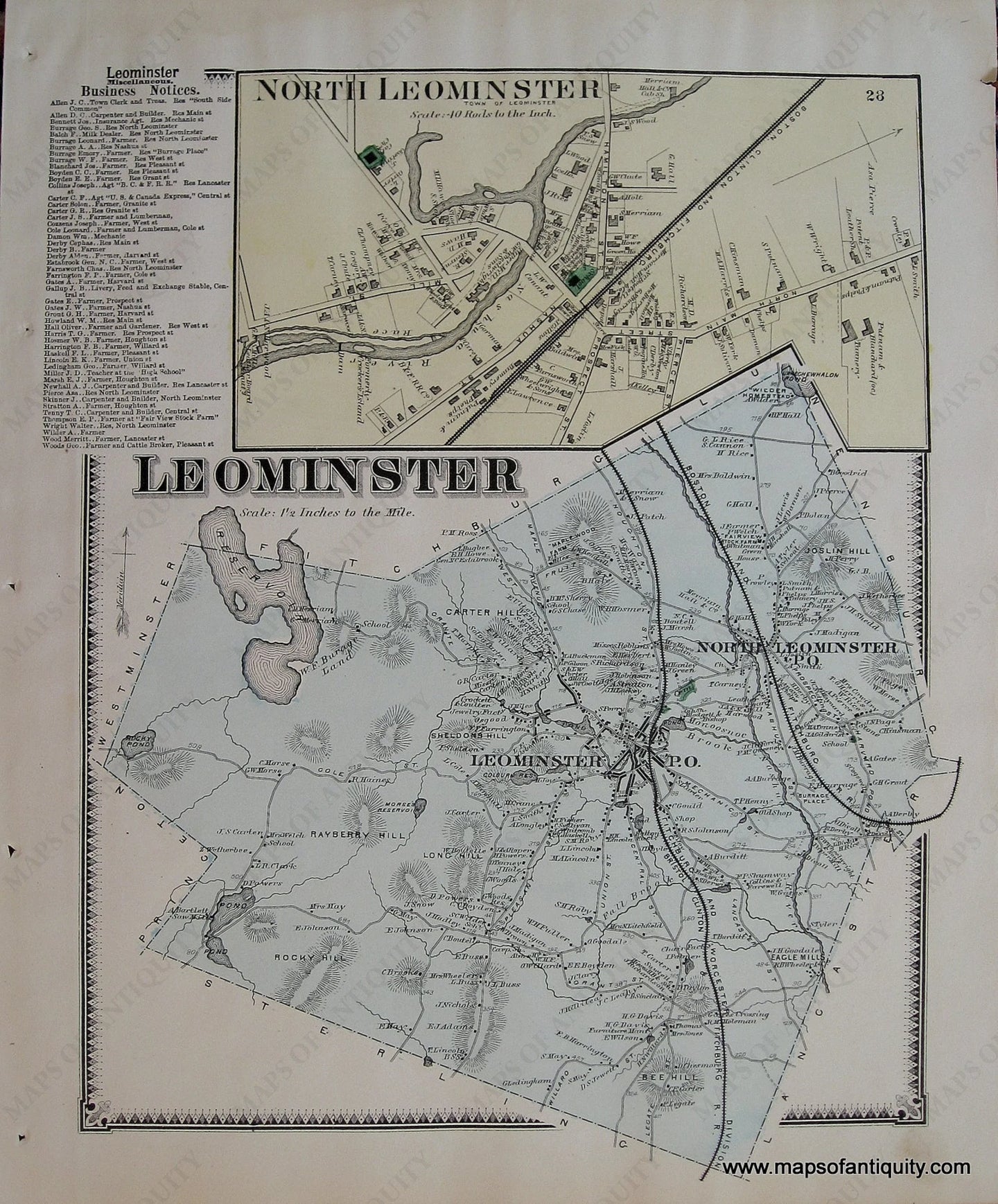 Antique-Hand-Colored-Map-North-Leominster-Leominster-p.-28-(MA)-Massachusetts-Worcester-County-1870-Beers-Maps-Of-Antiquity