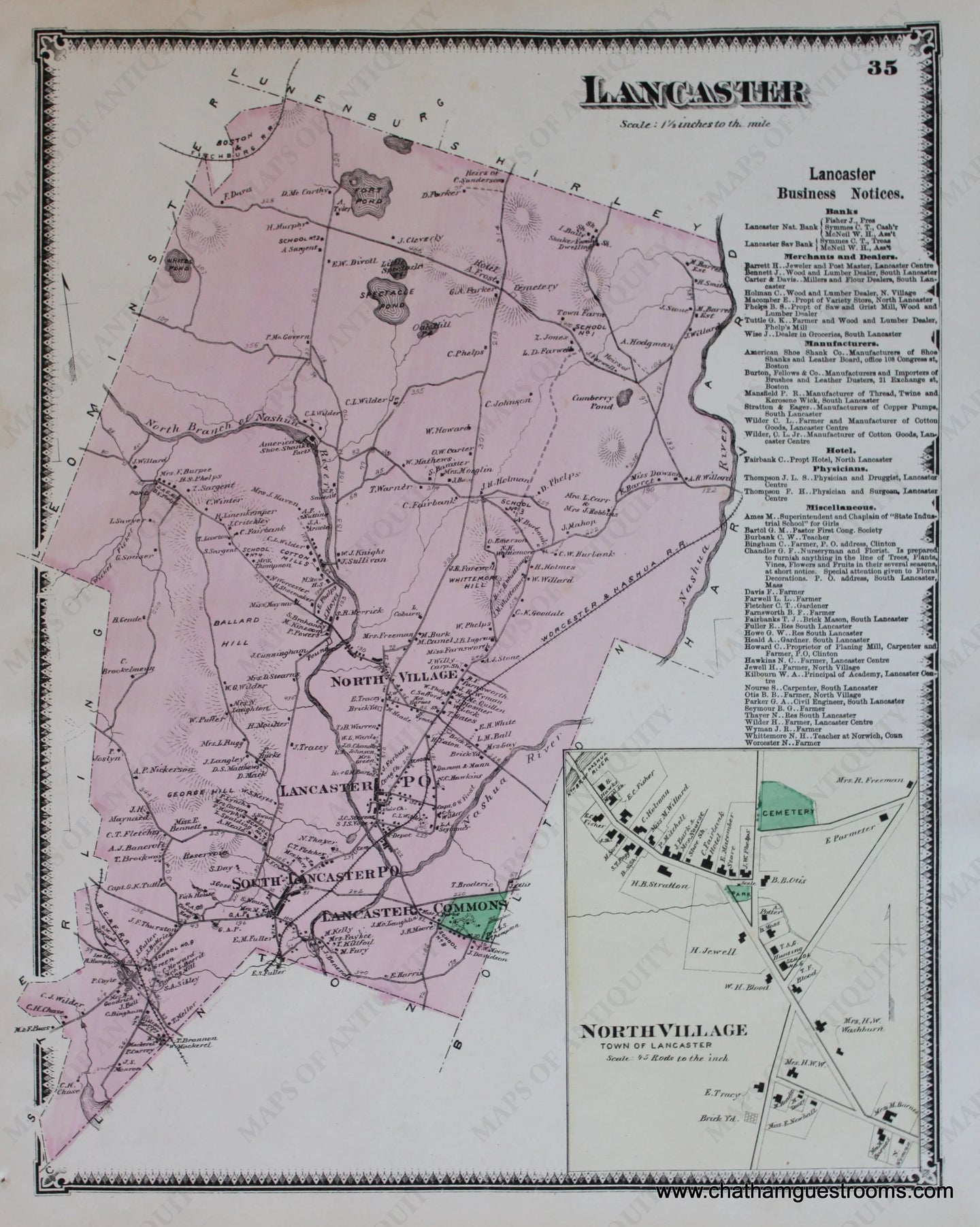 Antique-Hand-Colored-Map-Lancaster-p.-35-(MA)-Massachusetts-Worcester-County-1870-Beers-Maps-Of-Antiquity