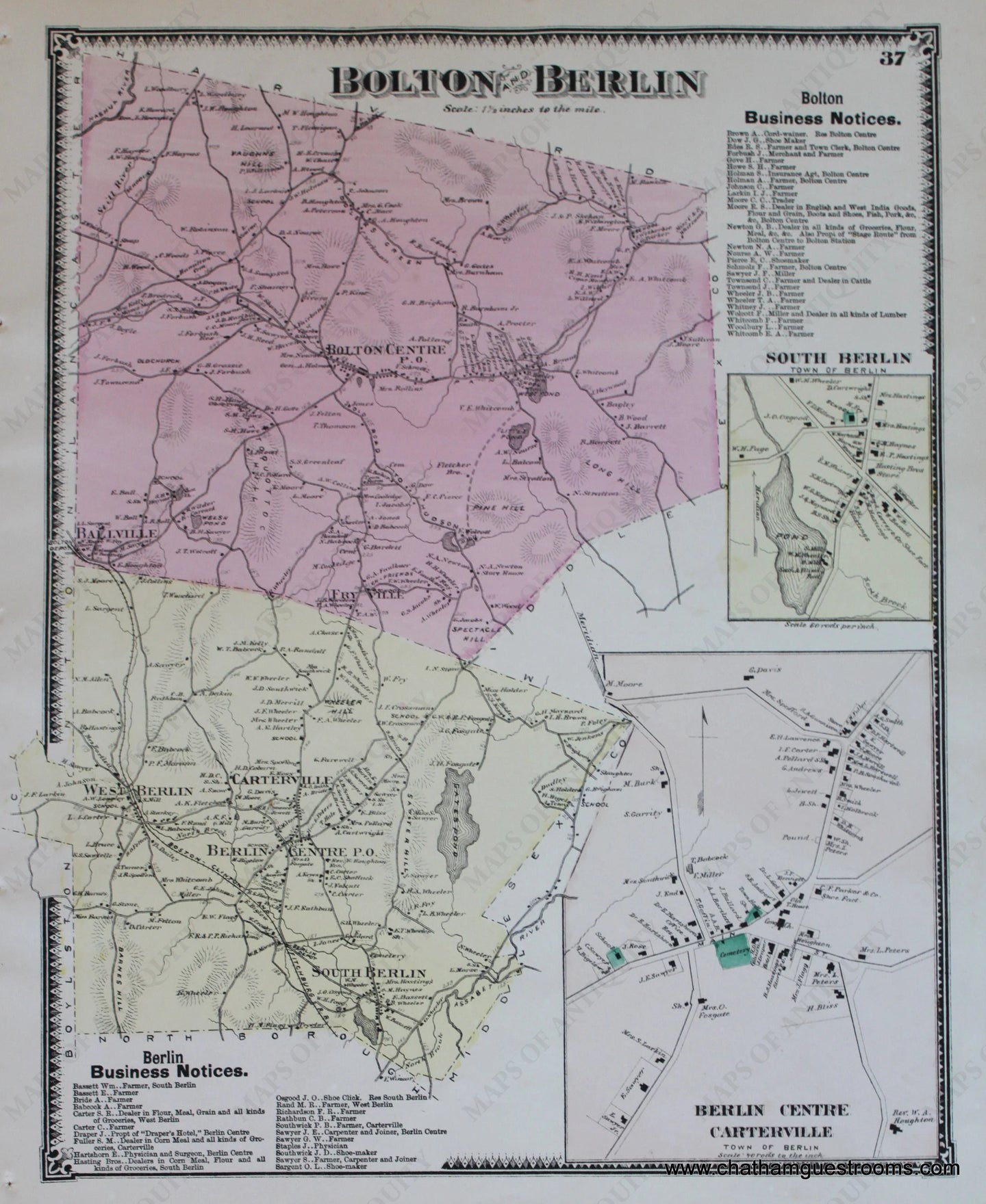 Antique-Hand-Colored-Map-Bolton-and-Berlin-p.-37-(MA)-Massachusetts-Worcester-County-1870-Beers-Maps-Of-Antiquity