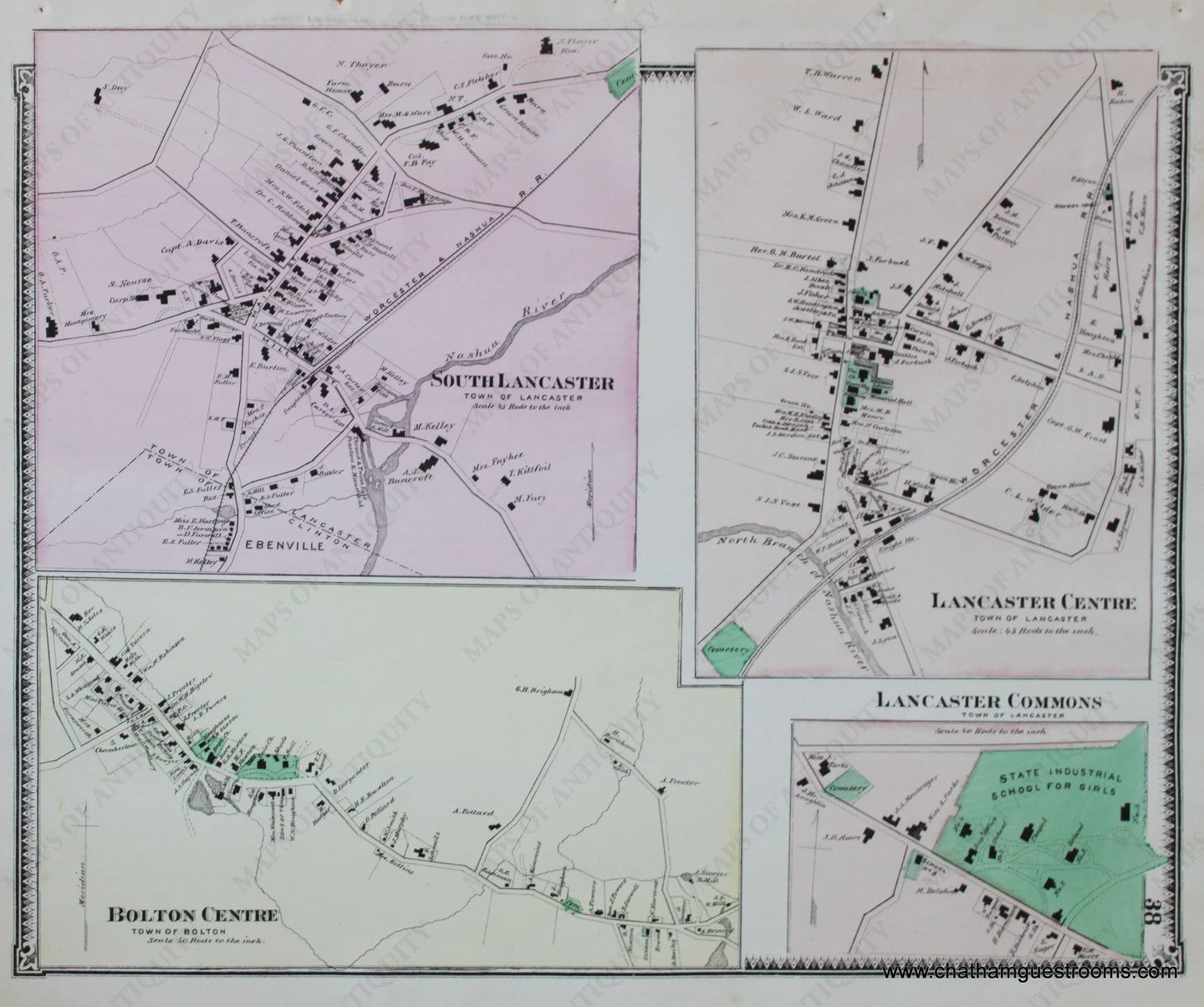 Antique-Hand-Colored-Map-South-Lancaster-Lancaster-Centre-Bolton-Centre-Lancaster-Commons-p.-38-(MA)-Massachusetts-Worcester-County-1870-Beers-Maps-Of-Antiquity