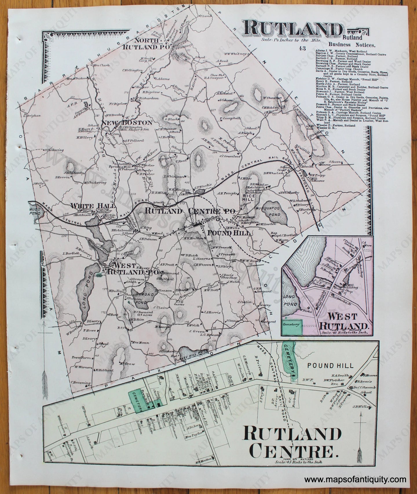 Antique-Hand-Colored-Map-Rutland-Rutland-Centre-p.-43-(MA)--Massachusetts-Worcester-County-1870-Beers-Maps-Of-Antiquity