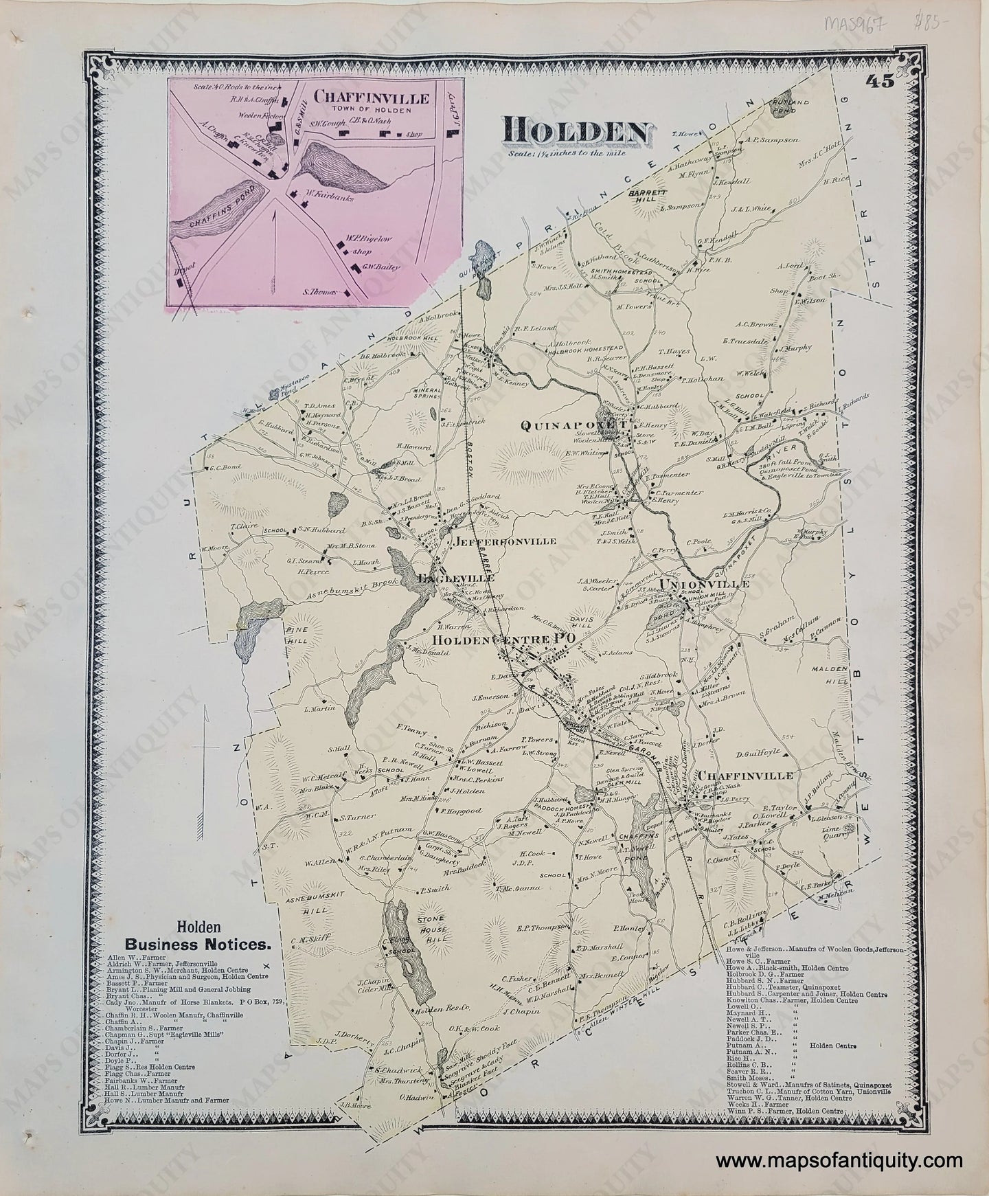 Antique-Hand-Colored-Map-Holden-Chaffinville-p.-45-(MA)-Massachusetts-Worcester-County-1870-Beers-Maps-Of-Antiquity