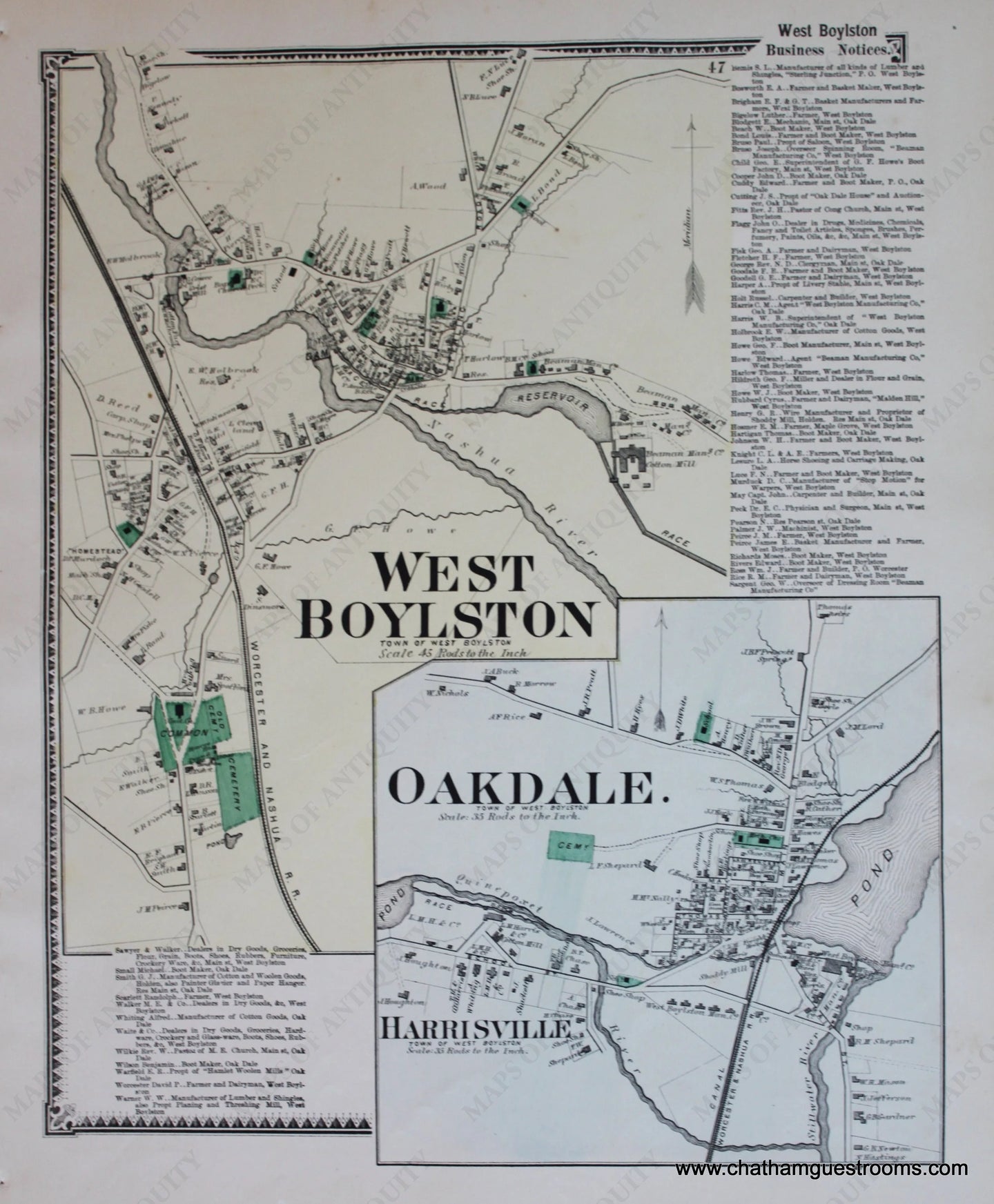 Antique-Hand-Colored-Map-West-Boylston-Oakdale-Harrisville-p.-47-(MA)-Massachusetts-Worcester-County-1870-Beers-Maps-Of-Antiquity