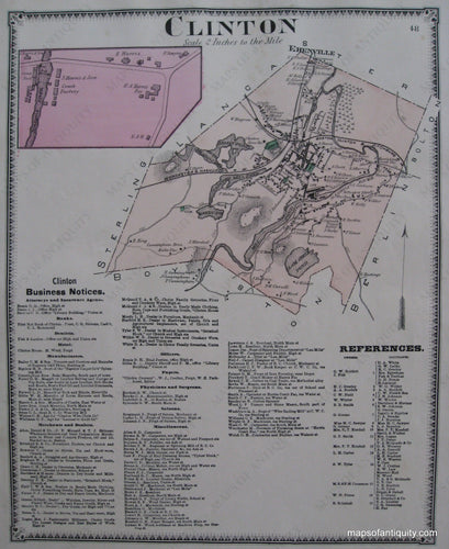 Antique-Hand-Colored-Map-Clinton-p.-48-(MA)-Massachusetts-Worcester-County-1870-Beers-Maps-Of-Antiquity