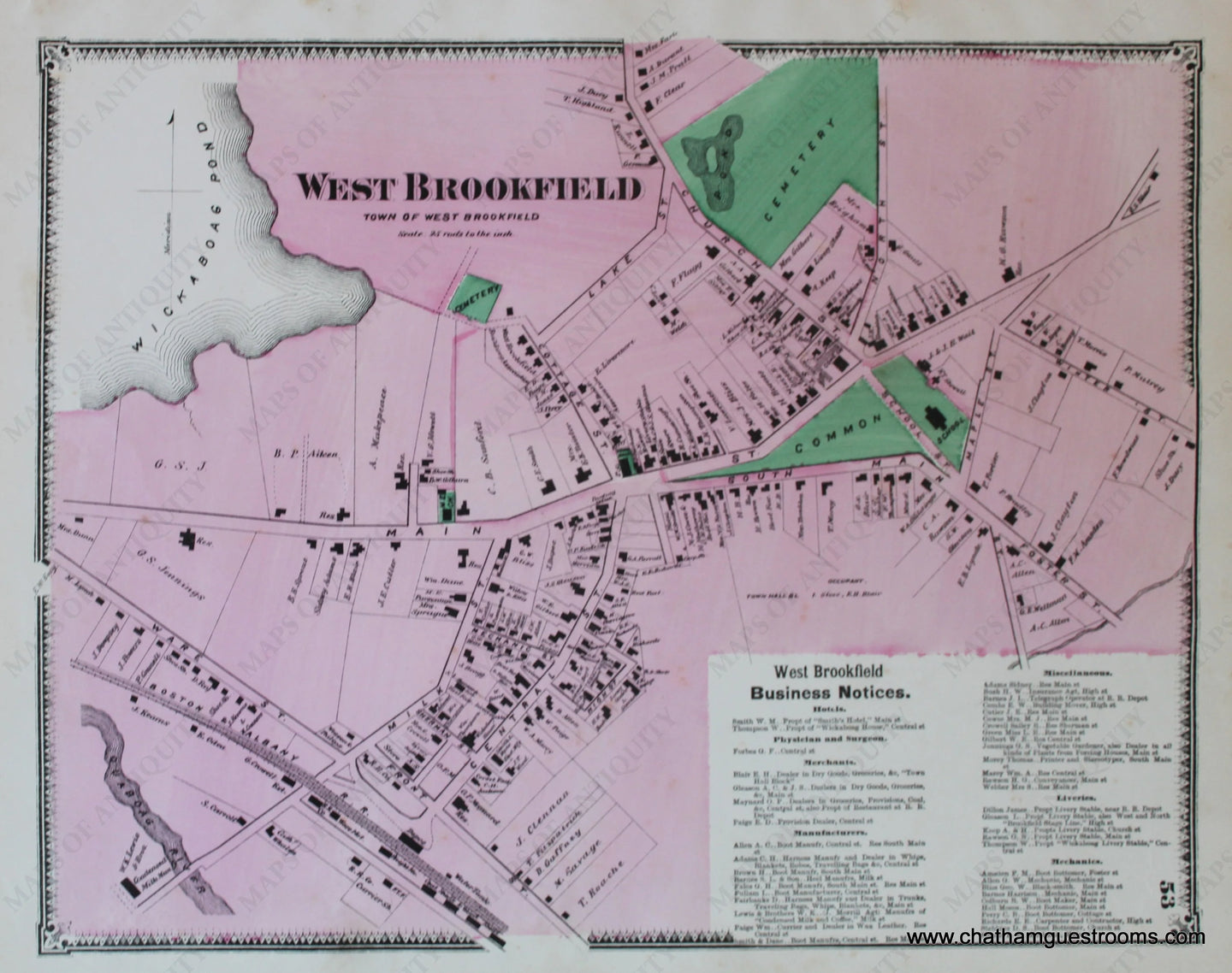 Antique-Hand-Colored-Map-West-Brookfield-p.-53-(MA)-Massachusetts-Worcester-County-1870-Beers-Maps-Of-Antiquity