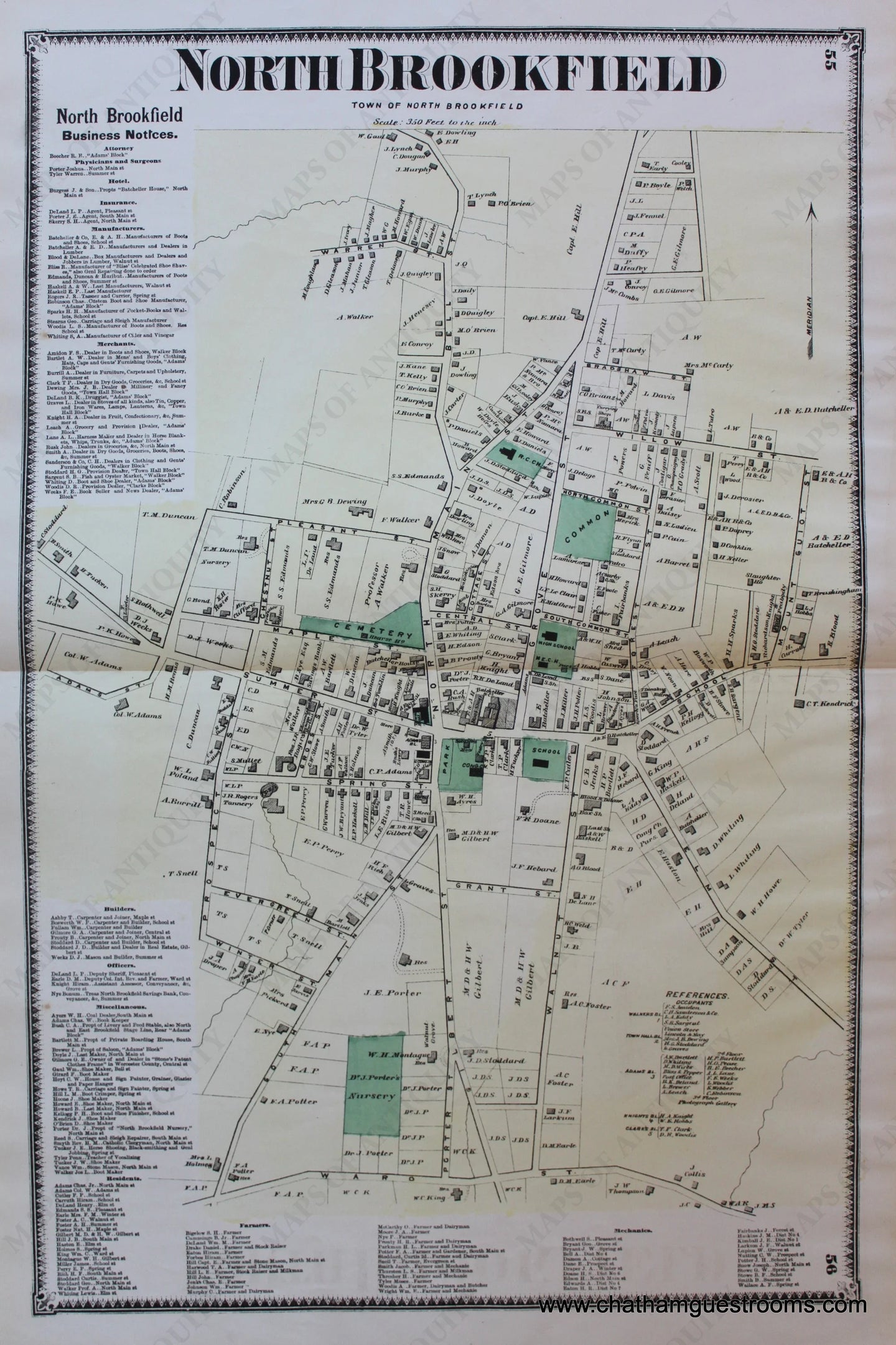 Antique-Hand-Colored-Map-North-Brookfield-pp.-55-56-(MA)-Massachusetts-Worcester-County-1870-Beers-Maps-Of-Antiquity