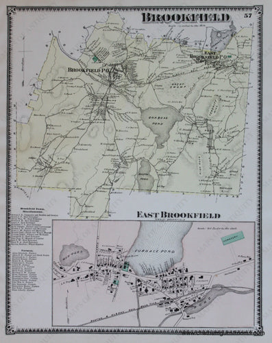 Antique-Hand-Colored-Map-Brookfield-East-Brookfield-p.-57-(MA)-Massachusetts-Worcester-County-1870-Beers-Maps-Of-Antiquity