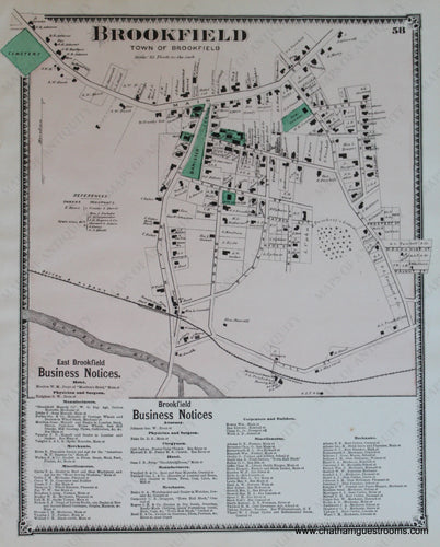 Antique-Hand-Colored-Map-Brookfield-p.-58-(MA)-Massachusetts-Worcester-County-1870-Beers-Maps-Of-Antiquity