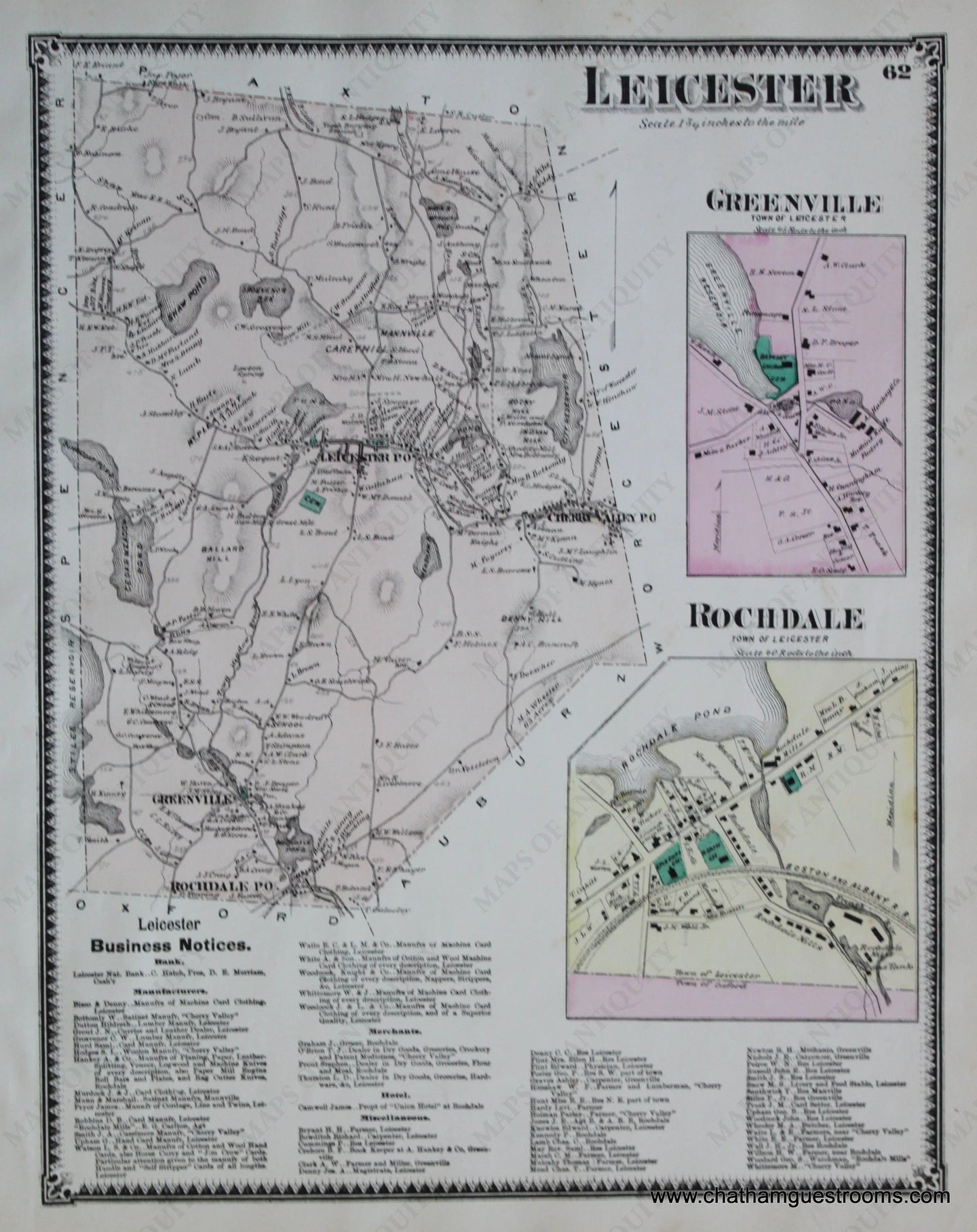 Antique-Hand-Colored-Map-Leicester-p.-62-(MA)-Massachusetts-Worcester-County-1870-Beers-Maps-Of-Antiquity