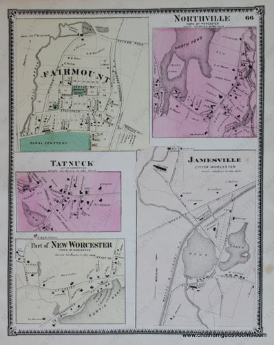 Antique-Hand-Colored-Map-Fairmount-Northville-Tatnuck-New-Worcester-Jamesville-p.-66-(MA)-Massachusetts-Worcester-County-1870-Beers-Maps-Of-Antiquity