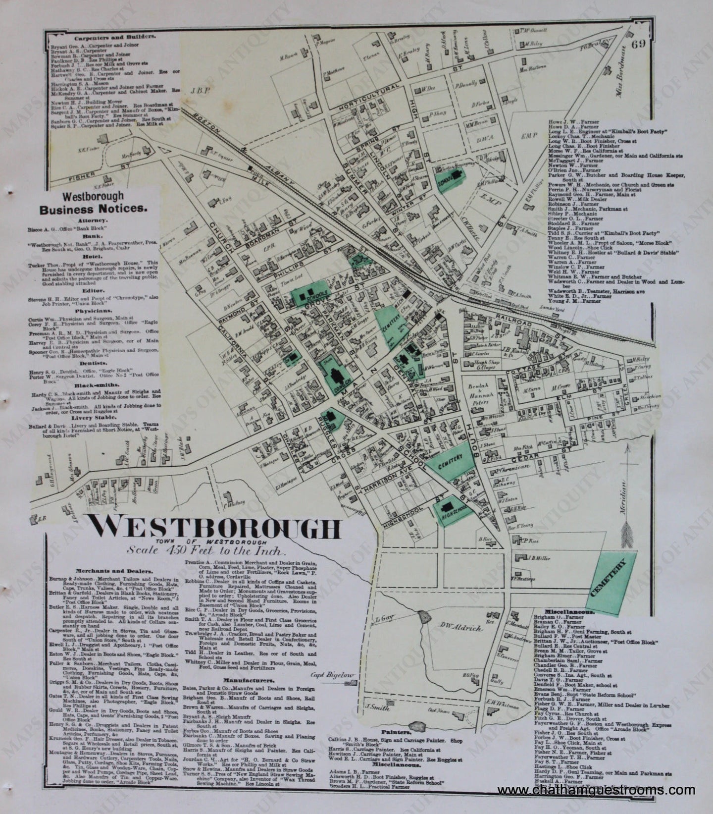 Antique-Hand-Colored-Map-Westborough-p.-69-(MA)-Massachusetts-Worcester-County-1870-Beers-Maps-Of-Antiquity