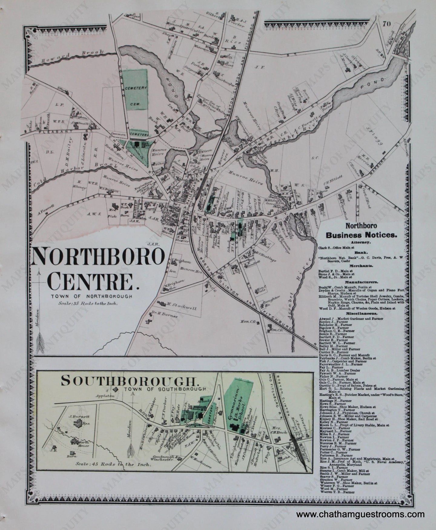 Antique-Hand-Colored-Map-Northboro-Centre-Southborough-p.-70-(MA)-Massachusetts-Worcester-County-1870-Beers-Maps-Of-Antiquity