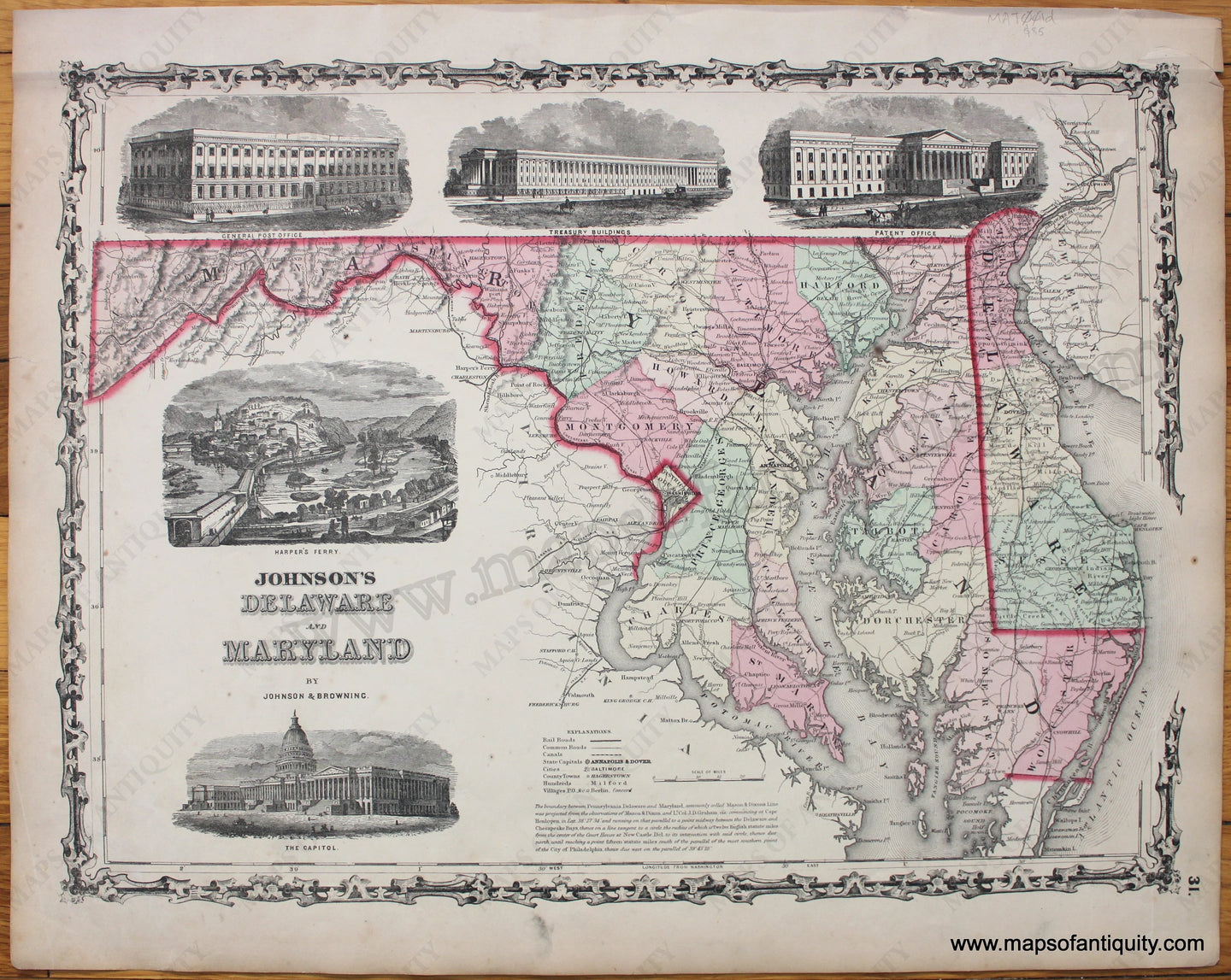 Antique-Map-Johnson's-Delaware-and-Maryland-By-Johnson-&-Browning-The-Capitol-Harper's-Ferry-Patent-Office-Treasury-Buildings-General-Post-Office-1861-1860s-1800s-Mid-Late-19th-Century-Maps-of-Antiquity