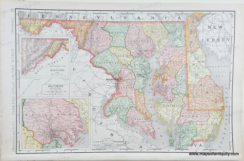 Antique Map with original color in tones of yellow, green, pink, and orange by county. Genuine-Antique-Map-Baltimore-Maryland-and-Delaware-1902-Rand-McNally-Maps-Of-Antiquity