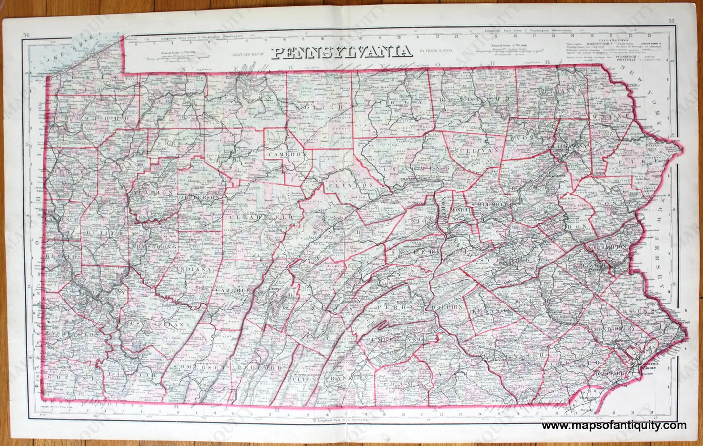 Antique-Hand-Colored-Map-Gray's-New-Map-of-Pennsylvania-United-States-Mid-Atlantic-1883-Gray-Maps-Of-Antiquity