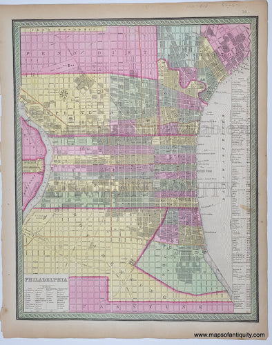 Antique Map with original hand-coloring in tones of green, yellow, peach, and pink. 
Hand-colored-Map-Philadelphia--Mid-Atlantic-1849-Mitchell-Maps-Of-Antiquity