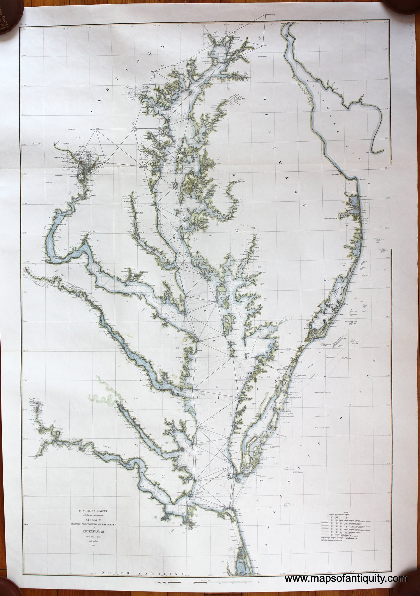 Antique-Triangulation-Coast-Chart-Chesapeake-Bay-Sketch-C-Showing-the-Progress-of-the-Survey-in-Section-No-III-United-States-1863-US-Coast-Survey-Maps-Of-Antiquity